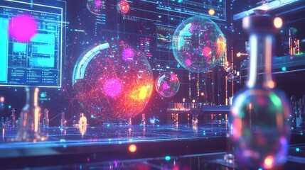 A futuristic laboratory with glowing spheres and digital interfaces.