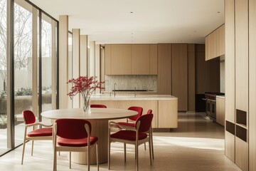Modern kitchen with wooden cabinets, a round dining table, red chairs, and large windows.