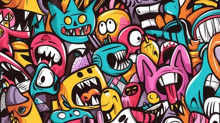 Vibrant abstract pop art action featuring colorful monsters urban street digital artwork playful environment whimsical concept