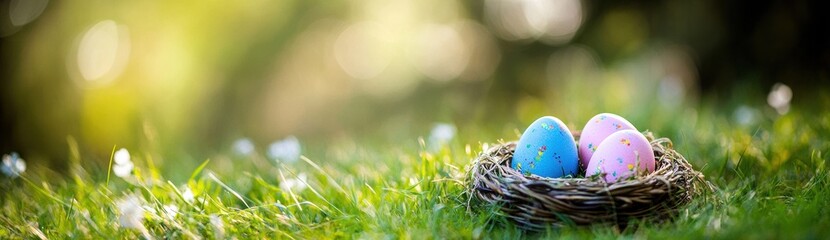 Obraz premium Easter Eggs in Woven Basket on Grassy Meadow in Spring - Seasonal Decoration and Nature Background