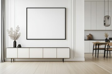 A white minimalist living room with a large blank picture frame, a white cabinet, and a glimpse of a dining area.