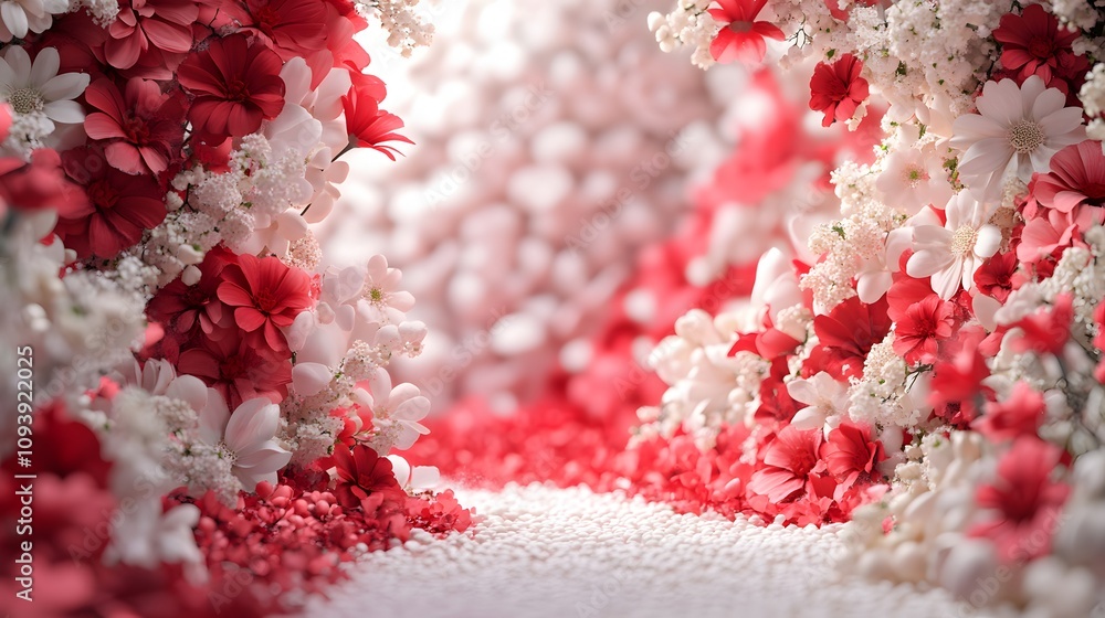Poster 12. a soft-focus valentine is podium with cascading flowers in reds and whites, with an open spot in