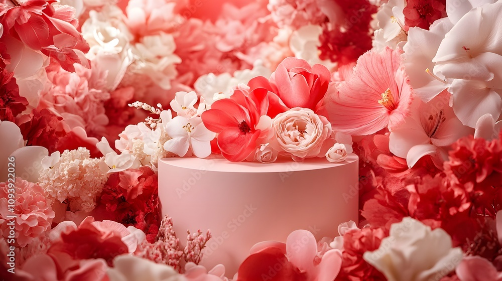 Poster 12. a soft-focus valentine is podium with cascading flowers in reds and whites, with an open spot in