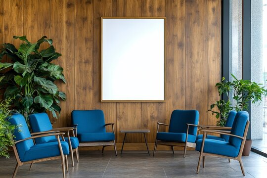 A waiting area with a wooden wall, blue chairs, a small table, a blank poster frame, and plants.
