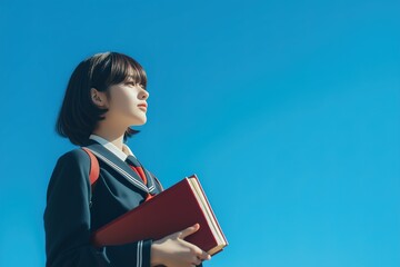 Obraz premium Asian female high school student looking up to sky