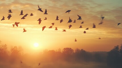 A flock of birds fly in formation against a vibrant orange sunset with a misty background.