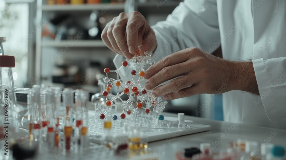 Poster a scientist assembles molecular structures in a modern laboratory setting.