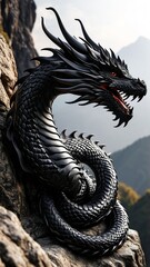 Obraz premium Majestic black dragon coiled among mountain rocks with fierce red eyes in natural landscape