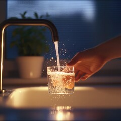 a hand pouring water into a glass in a modern kitchen setting