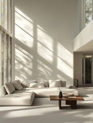 Spacious Modern Living Room with Abundant Natural Light and Minimalist Furniture, Architectural Design Concept