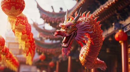 Obraz premium Dragon dancing through temple courtyard vibrant festival atmosphere cultural event lively environment aerial view traditional celebration