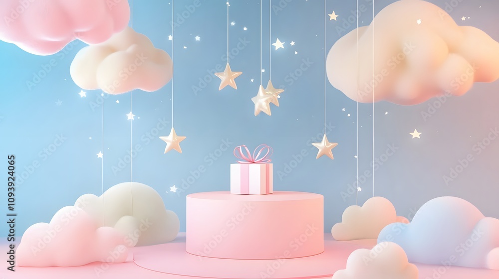 Poster 29. a floating podium design with soft pastel clouds and twinkling stars, with an empty space in the