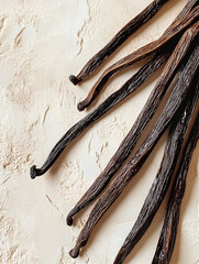 Dried vanilla pods resting on textured surface
