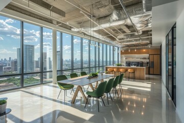 A modern, minimalist office break room with a large window overlooking a city skyline.  
