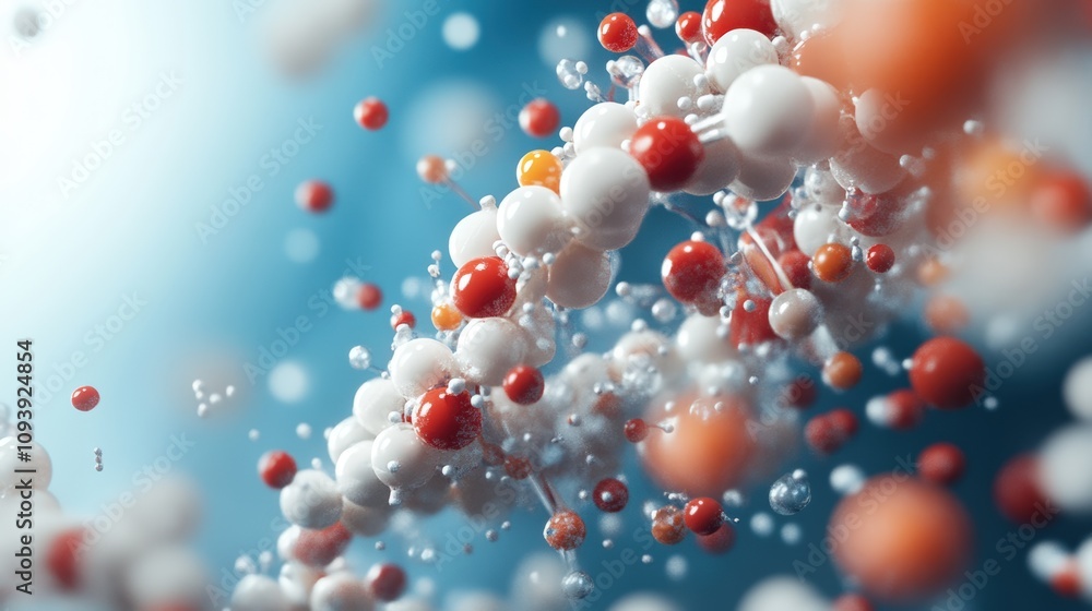Poster abstract molecular structure with colorful atoms and molecules in vibrant background.