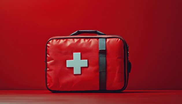 First aid kit, isolated, vibrant red, emergency preparedness, close up
