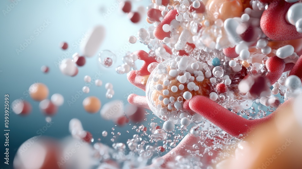 Poster abstract molecular structures with bubbles and colorful particles in motion.