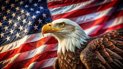 Naklejka premium Majestic Bald Eagle Displaying Vibrant Feathers Against a Textured American Flag Background for Stunning Architectural Photography