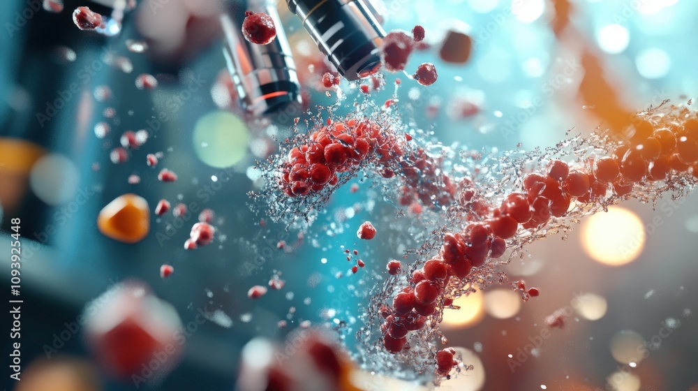 Poster abstract representation of molecular structures and particles in vibrant colors.