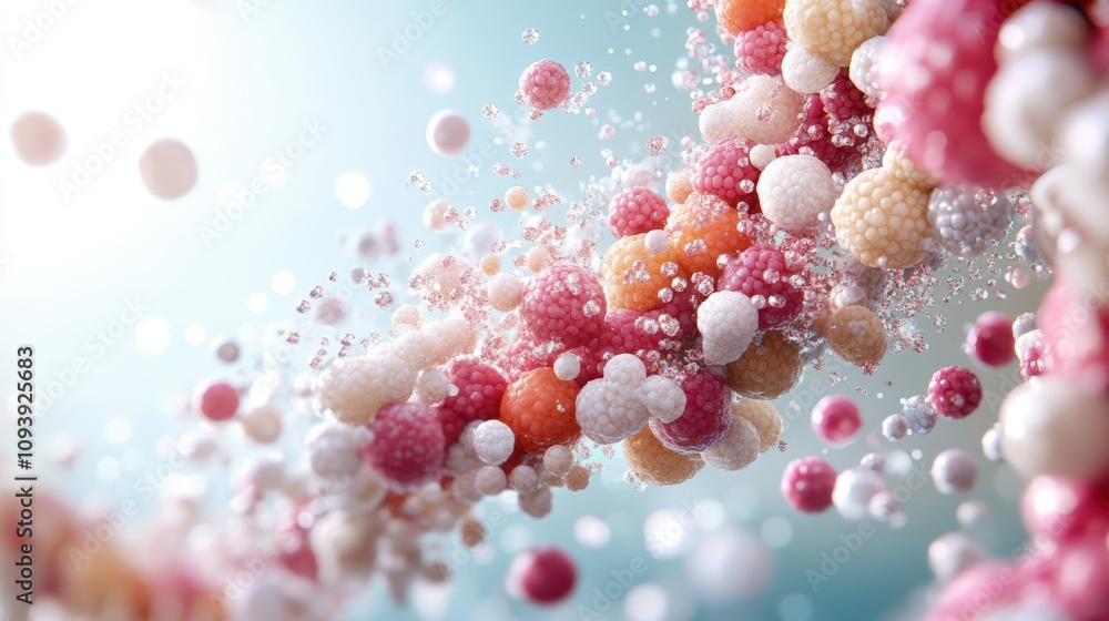 Poster abstract representation of molecular structures in vibrant colors and dynamic forms.