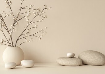 Minimalist composition with white flowers in a vase and stones on a beige background.