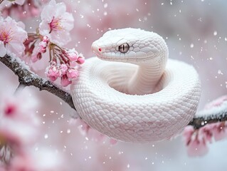 Fototapeta premium Majestic white snake resting on cherry blossom branch nature scene close-up view serene environment enigmatic beauty