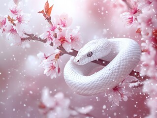 Fototapeta premium Majestic white snake resting on cherry blossom branch serene nature scene close-up tranquil environment symbol of beauty and peace