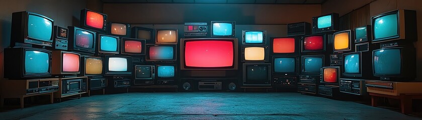 Vintage TV stacks, nostalgic room, colorful screens, retro collection