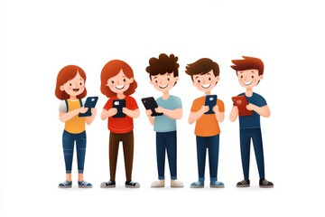 group of young people using smartphones and smiling