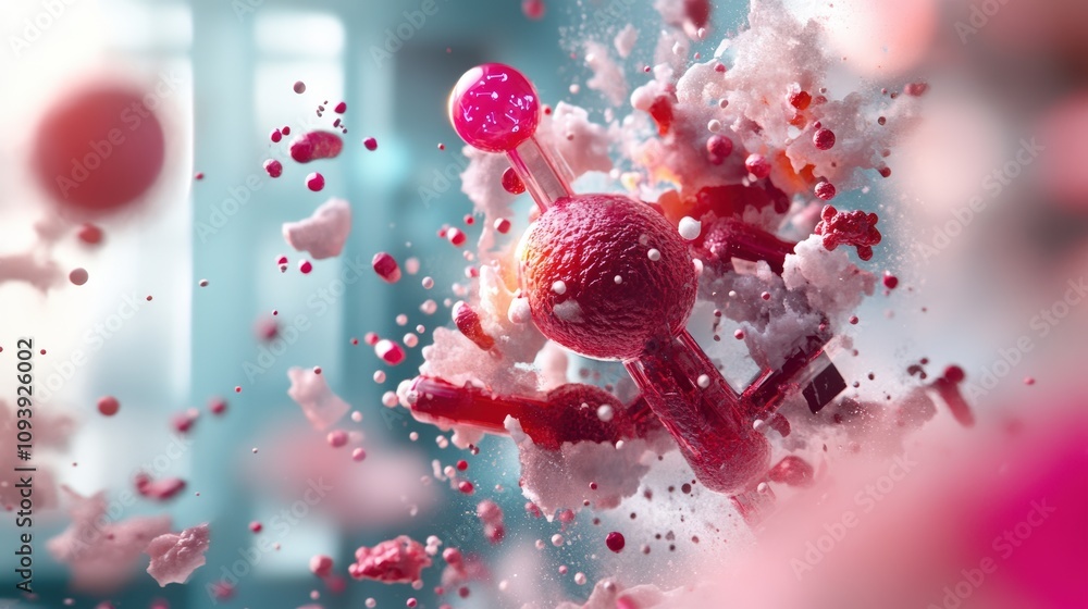 Poster abstract representation of molecular structures in vibrant colors and dynamic motion.