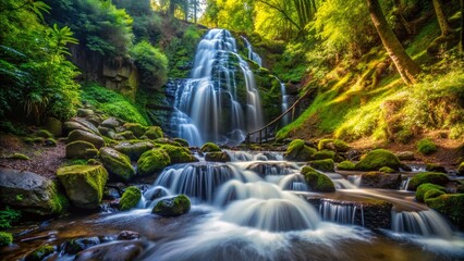 Majestic Cascading Waterfall at Starvation Creek State Park Surrounded by Lush Greenery and Rugged Rocks, Captured in Stunning Architectural Photography for Nature Lovers