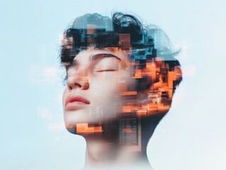 Obraz premium conceptual portrait of a person with digital overlay representing technology and creativity