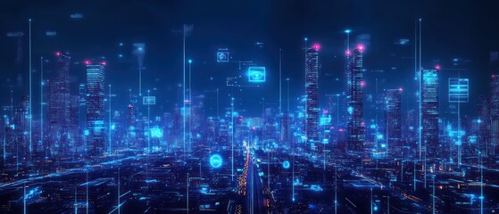 Obraz premium Futuristic cityscape with digital overlays and glowing data elements.