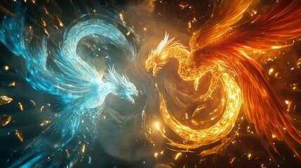 Dynamic dance of noodle phoenix and dumpling dragon fantasy realm digital art vivid colors close-up view mythical creatures