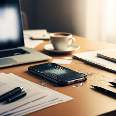 仕事用の机のうえに画面の割れたスマホ　AI