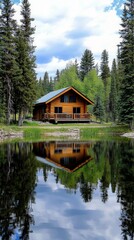 Fototapeta premium Serene Lakeside Cabin Surrounded by Pine Trees