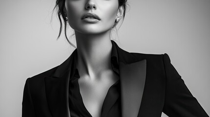 Fototapeta premium A young woman with dark hair, wearing a black tuxedo-style jacket, gazes intensely at the camera. The monochrome image accentuates her elegant features and the sophisticated style.