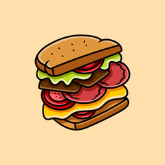 sandwich colored isolated drawing line art style sketch classic vintage design illustration
