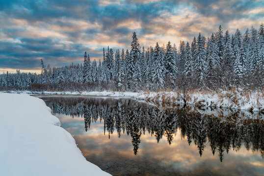 Stillwater River in winter near Olney, Montana, USA.