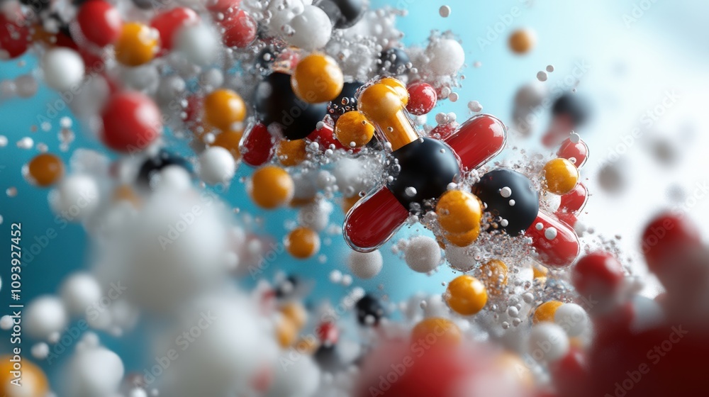 Poster close-up view of colorful molecular structures in a dynamic arrangement.