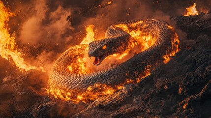 Naklejka premium Fiery snake coiling through volcanic landscape fantasy art dramatic environment close-up view mythical concept