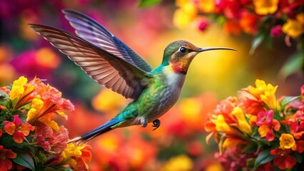 Fototapeta premium Majestic Hummingbird in Midflight Surrounded by Lush Vibrant Blossoms Capturing the Essence of Nature's Colorful Splendor and Intricate Beauty in Fashion Photography Style