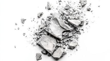 Cracked and Crumbled Gray Stone Pieces on White Background Ideal for Textures, Templates, and Backgrounds in Creative Projects and Design Applications