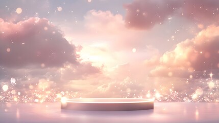 21. A romantic podium with a soft, cloudy sky background and shimmering lights, creating space for placing a product or gift.