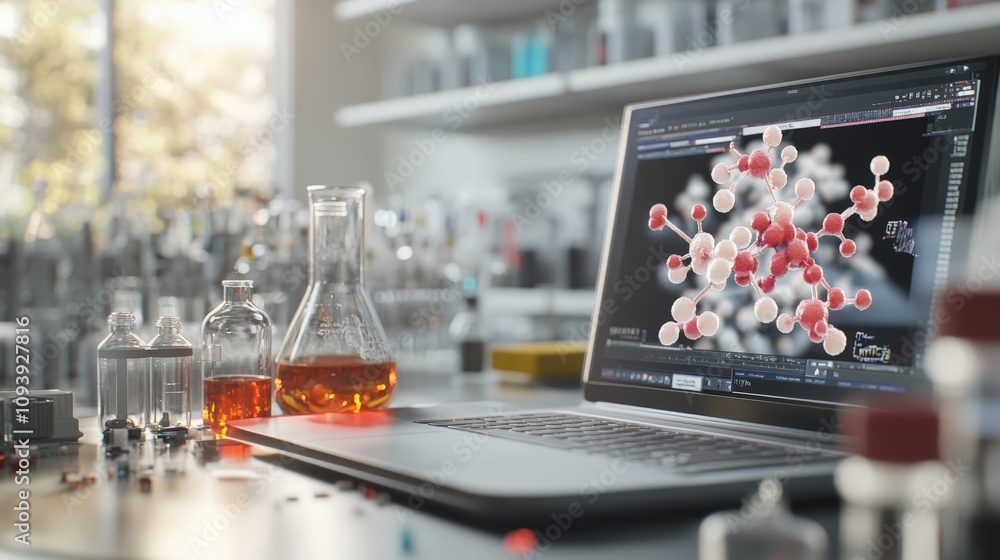 Poster close-up view of laboratory equipment and a laptop displaying molecular structures.