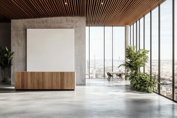 Modern office interior with wood paneling and a large blank canvas, showcasing a panoramic city view through floor-to-ceiling windows.