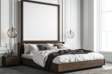 A large, empty picture frame hangs above a king-sized bed in a modern bedroom with white walls,  a wooden headboard, and a large window.