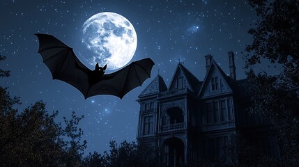 Bat flying near a haunted house under a full moon at night.