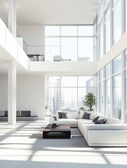 Spacious Two-Story Living Room with Minimalist Design, Sunlit Space with Large Windows and Gray Carpet, Contemporary Sofa and Coffee Table Setting.