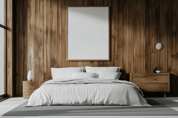 Minimalist bedroom interior with a large wooden wall, a white bed, a bedside table, a vase, and a blank frame mockup.